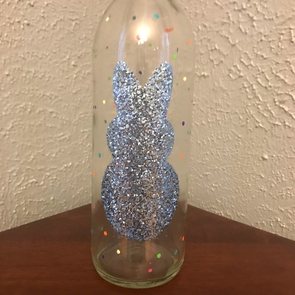 Blue Glitter Bunny Hand Painted Wine Bottle - Picture 7 of 8